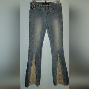 Vintage Dollhouse Denim Jeans decorative crochet flare 3 snap fly hippie boho